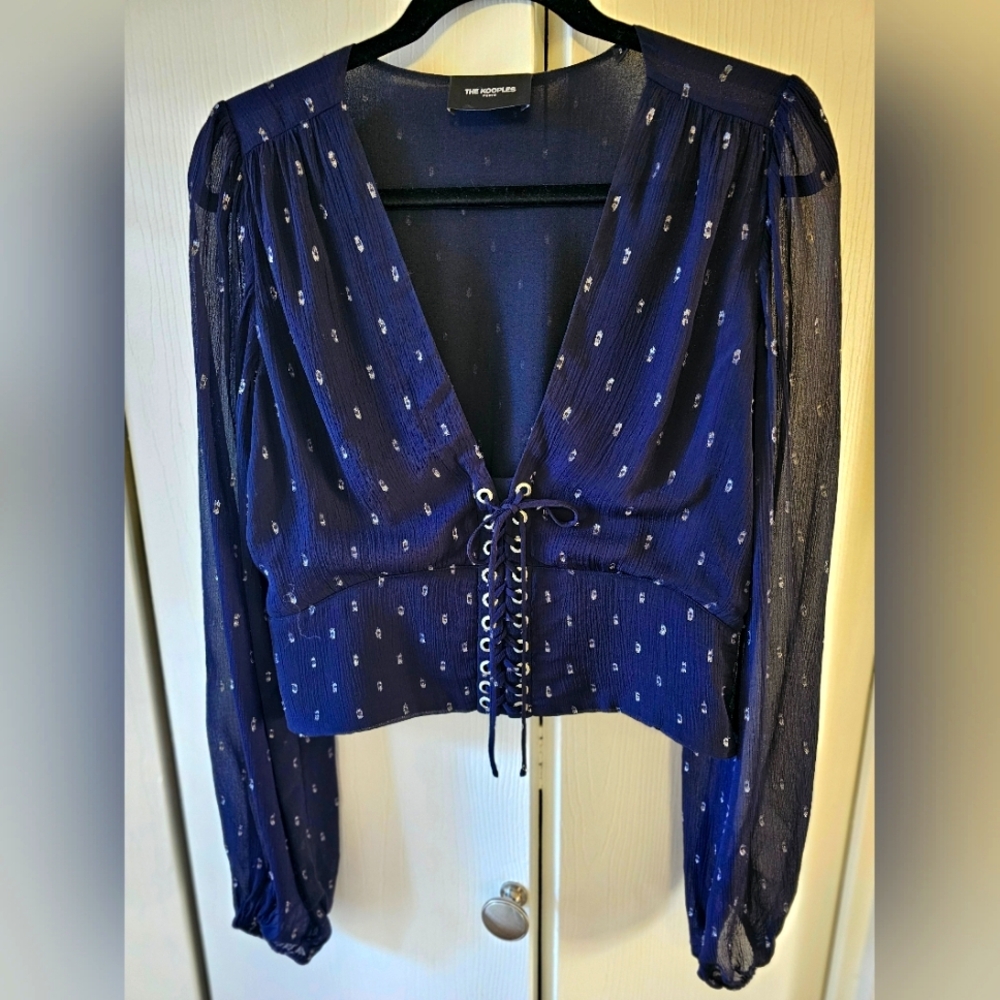 The Kooples Navy Blue Cosmic Dots Sheer lace-up bodice Long-sleeved Top SzM = 6 - Picture 3 of 11